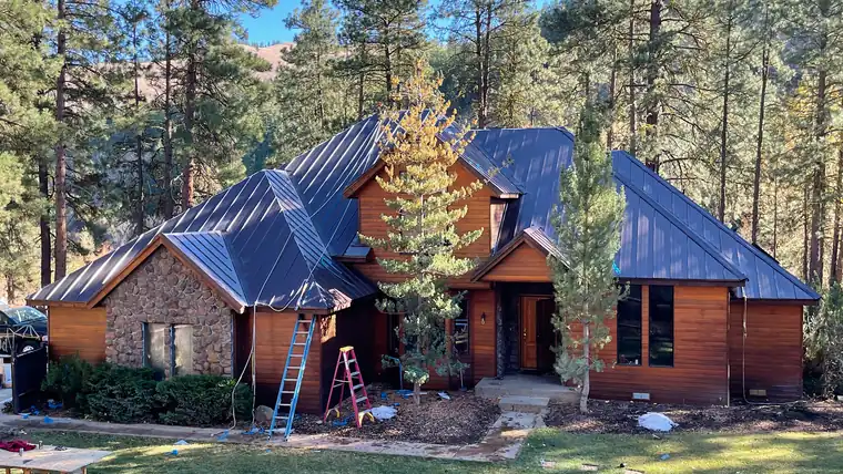 Standing-seam metal roof on a cedar home among pines